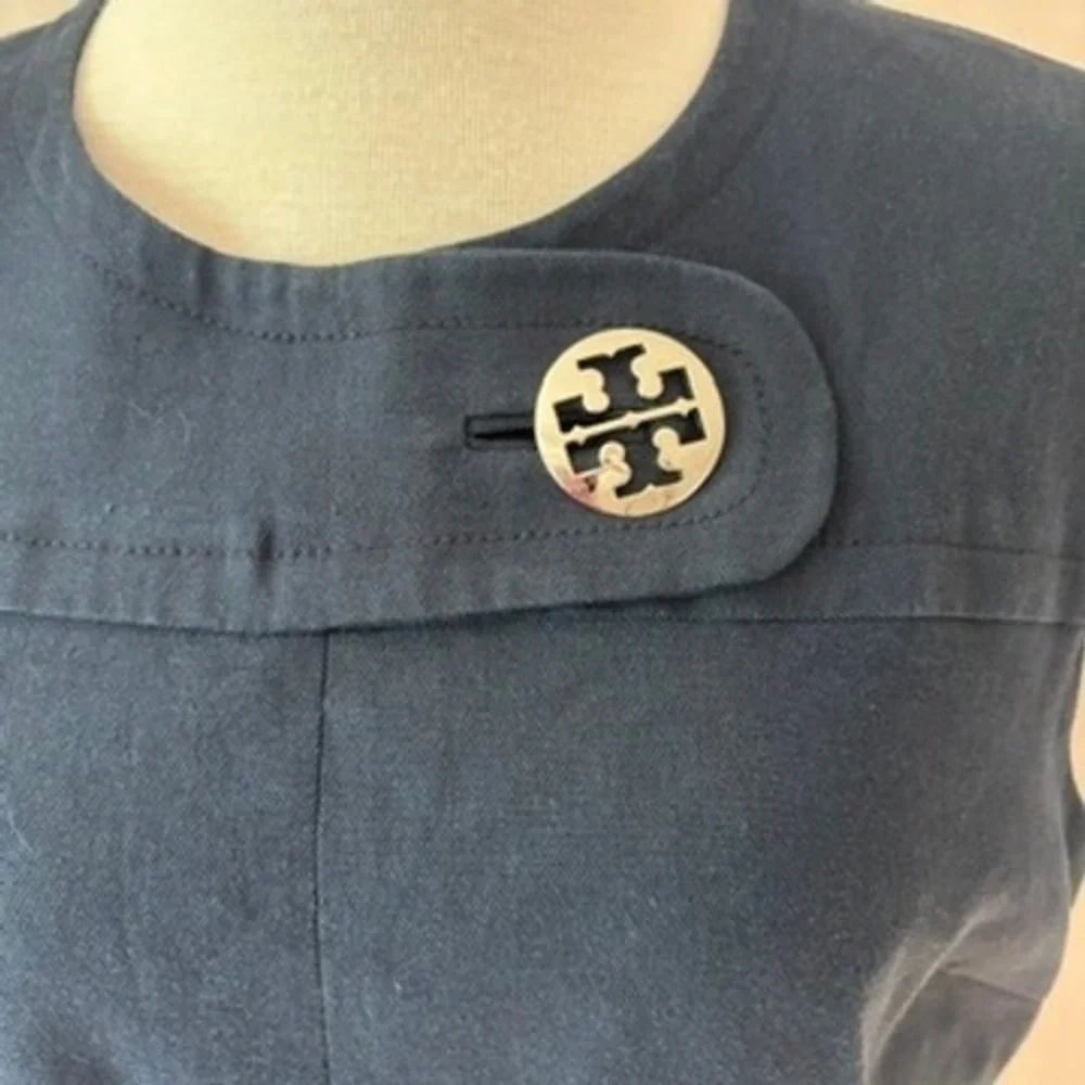 Tory Burch Sheath Miller Dress Size 12 Silver Accent Charm Navy Linen Blend